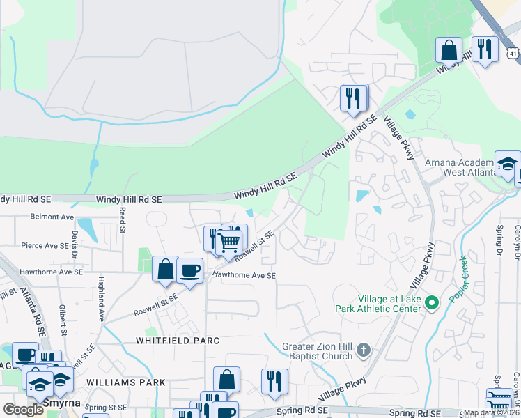 map of restaurants, bars, coffee shops, grocery stores, and more near 2948 Cottesford Drive Southeast in Smyrna