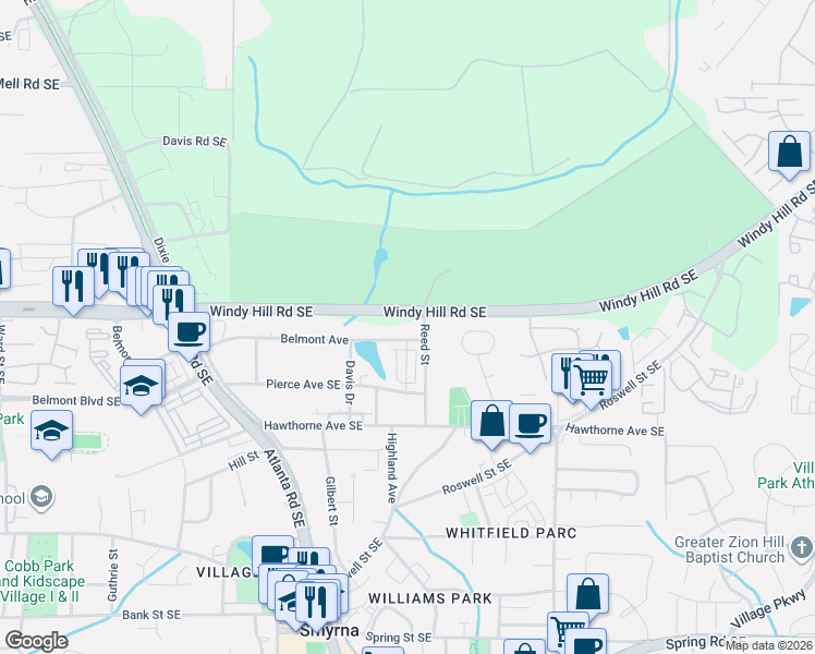 map of restaurants, bars, coffee shops, grocery stores, and more near 1429 Belmont Avenue in Smyrna