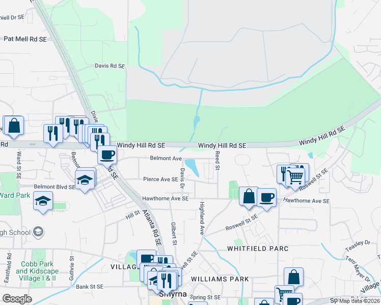 map of restaurants, bars, coffee shops, grocery stores, and more near 1381 Belmont Avenue in Smyrna