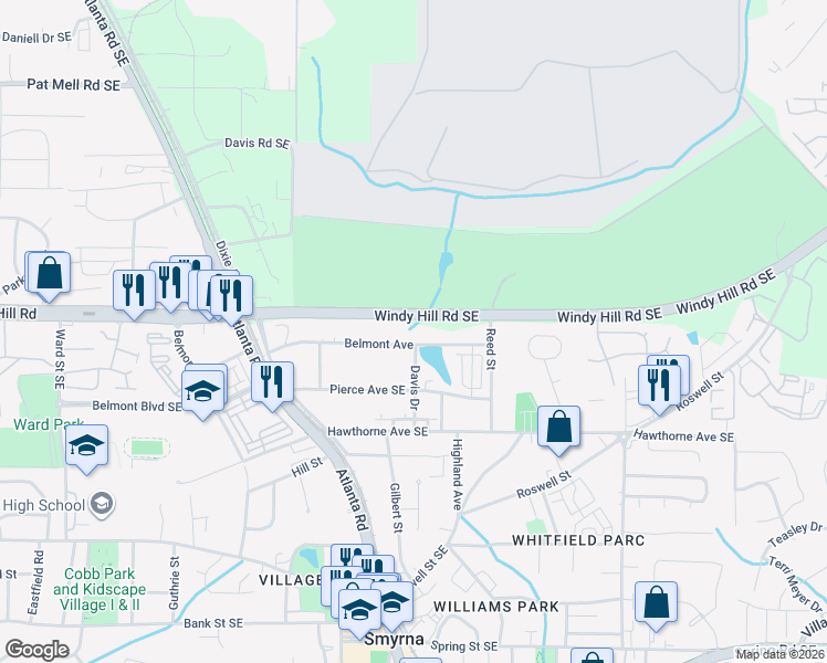 map of restaurants, bars, coffee shops, grocery stores, and more near 1363 Belmont Avenue in Smyrna