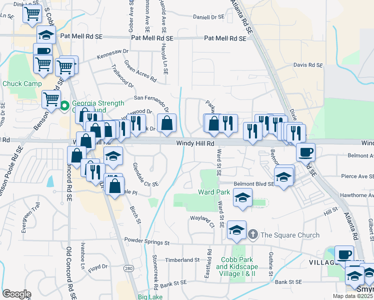 map of restaurants, bars, coffee shops, grocery stores, and more near 790 Windy Hill Road Southeast in Smyrna