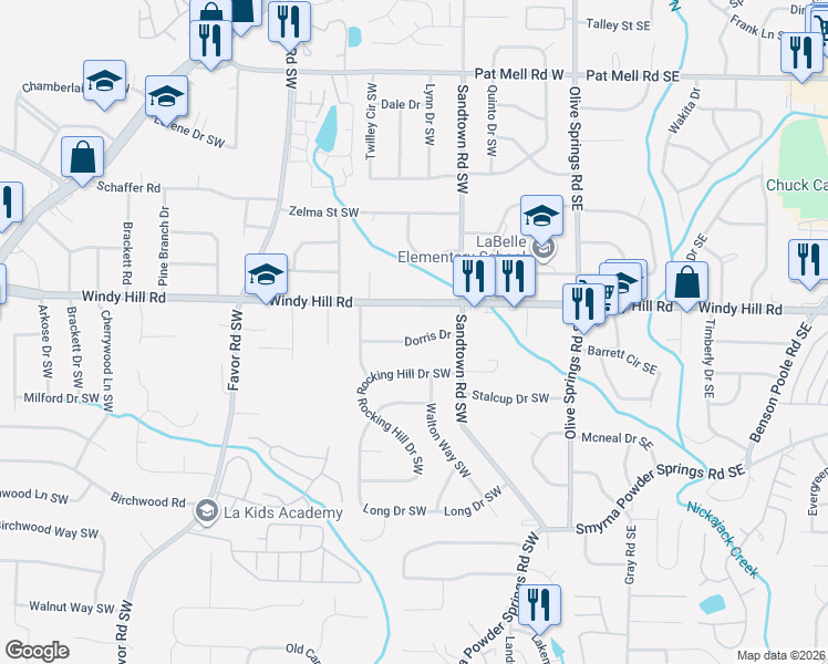 map of restaurants, bars, coffee shops, grocery stores, and more near 212 Dorris Drive in Marietta