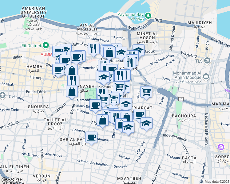 map of restaurants, bars, coffee shops, grocery stores, and more near Salim Boustani in Beirut
