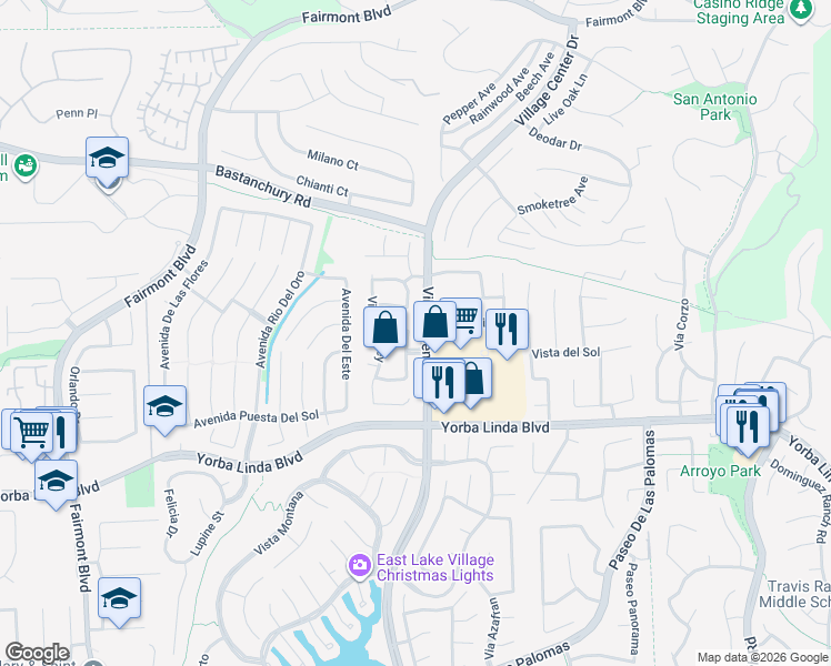 map of restaurants, bars, coffee shops, grocery stores, and more near 4650 Vía De La Mula in Yorba Linda