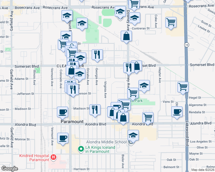 map of restaurants, bars, coffee shops, grocery stores, and more near 15330 Virginia Avenue in Paramount