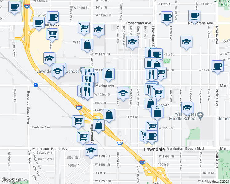 map of restaurants, bars, coffee shops, grocery stores, and more near 4611 West 152nd Street in Lawndale