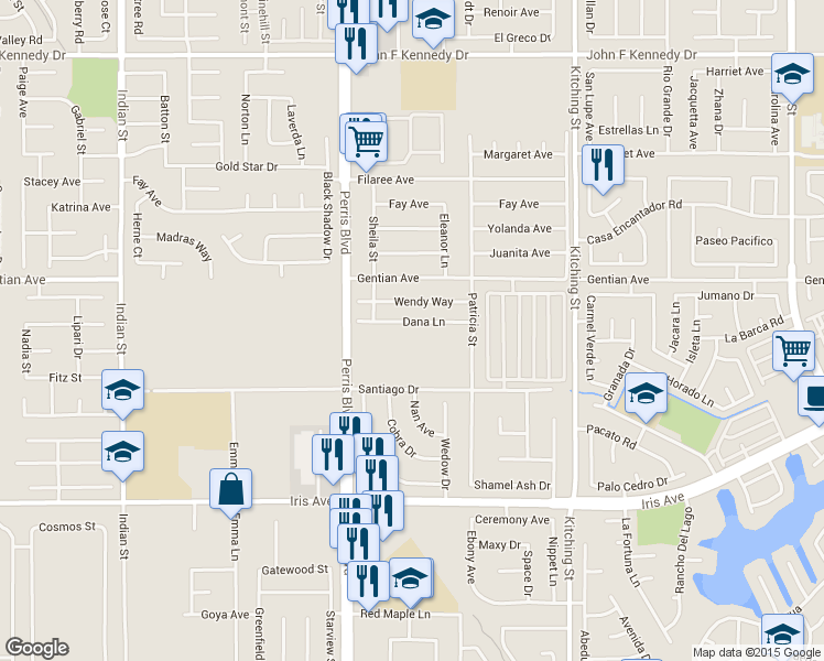 map of restaurants, bars, coffee shops, grocery stores, and more near 25177 Dana Lane in Moreno Valley