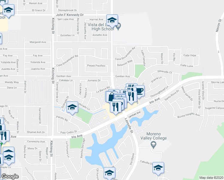 map of restaurants, bars, coffee shops, grocery stores, and more near 20 Lasselle Street in Moreno Valley