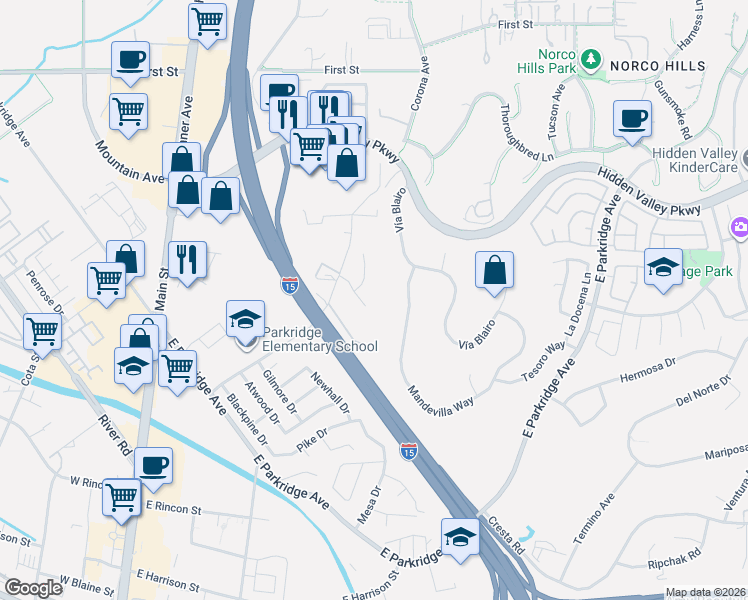map of restaurants, bars, coffee shops, grocery stores, and more near 665 Barbre Lane in Corona