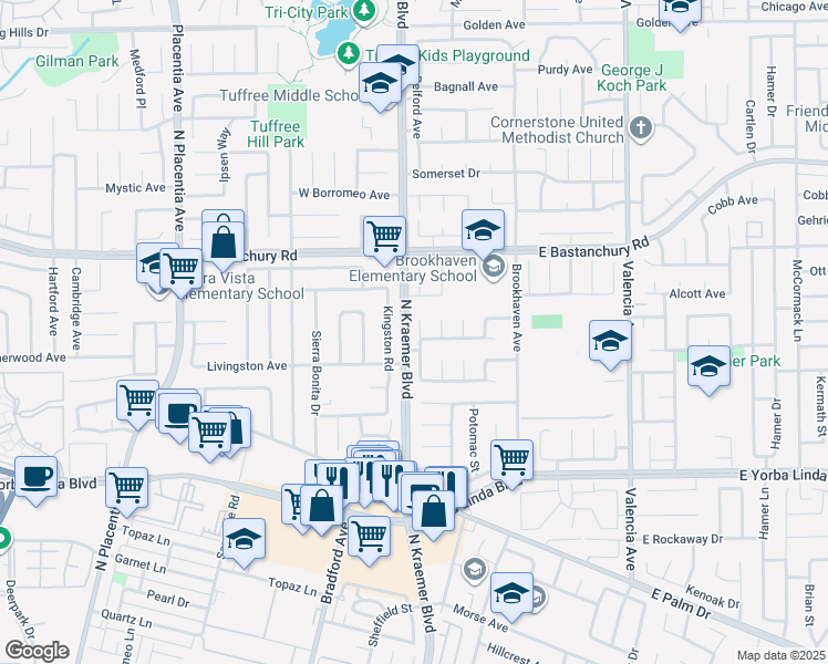 map of restaurants, bars, coffee shops, grocery stores, and more near 1713 Roanoke Street in Placentia