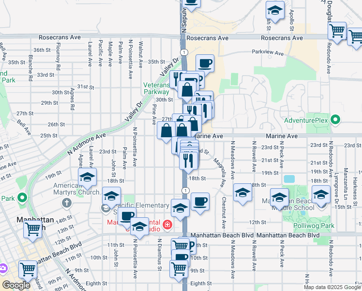 map of restaurants, bars, coffee shops, grocery stores, and more near in Manhattan Beach
