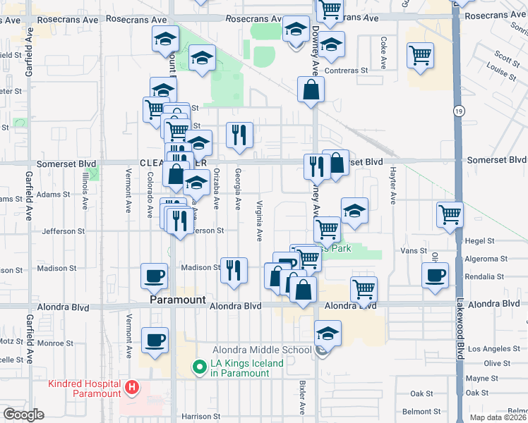 map of restaurants, bars, coffee shops, grocery stores, and more near 15330 Virginia Avenue in Paramount