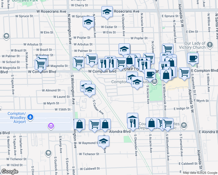 map of restaurants, bars, coffee shops, grocery stores, and more near 510 West Almond Street in Compton