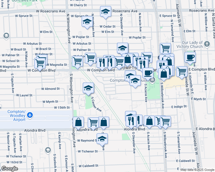map of restaurants, bars, coffee shops, grocery stores, and more near 524 West Almond Street in Compton