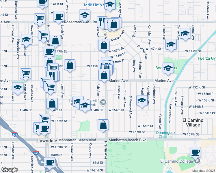 map of restaurants, bars, coffee shops, grocery stores, and more near in Hawthorne