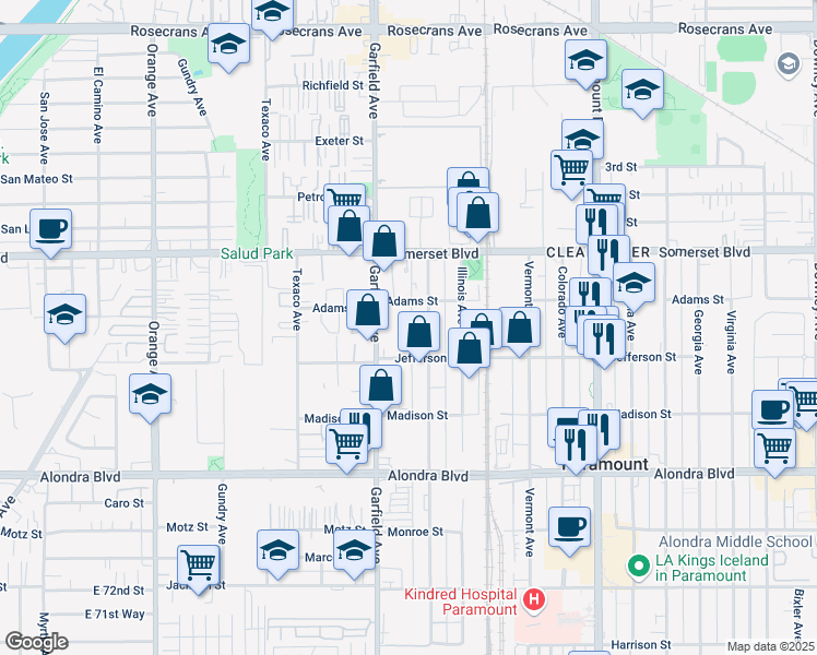map of restaurants, bars, coffee shops, grocery stores, and more near 15329 Minnesota Avenue in Paramount