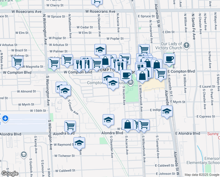 map of restaurants, bars, coffee shops, grocery stores, and more near 346 West Almond Street in Compton