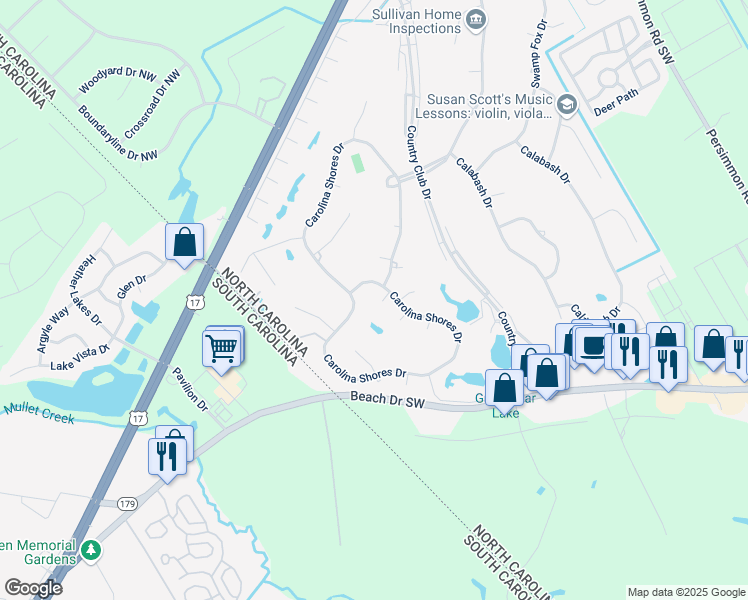 map of restaurants, bars, coffee shops, grocery stores, and more near 4 Pelican Court in Carolina Shores