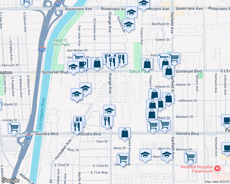 map of restaurants, bars, coffee shops, grocery stores, and more near 15322 Orange Avenue in Paramount