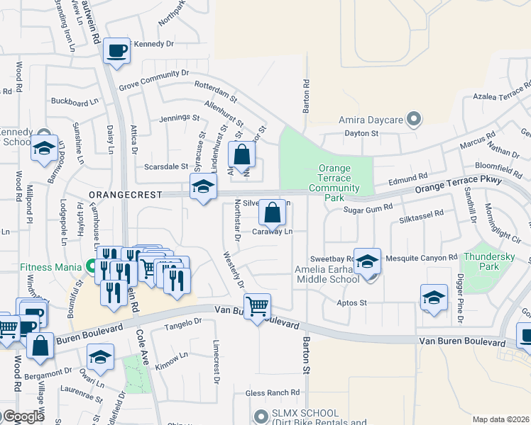 map of restaurants, bars, coffee shops, grocery stores, and more near in Riverside