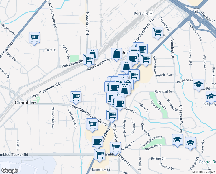 map of restaurants, bars, coffee shops, grocery stores, and more near 3578 Shallowford Road in Atlanta