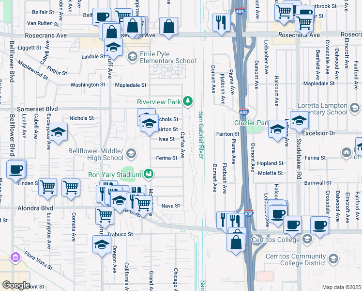 map of restaurants, bars, coffee shops, grocery stores, and more near 15343 Carfax Avenue in Bellflower