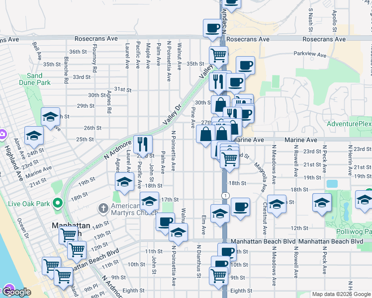 map of restaurants, bars, coffee shops, grocery stores, and more near 2316 Walnut Avenue in Manhattan Beach