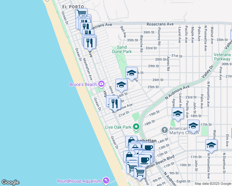 map of restaurants, bars, coffee shops, grocery stores, and more near 2417 Vista Drive in Manhattan Beach