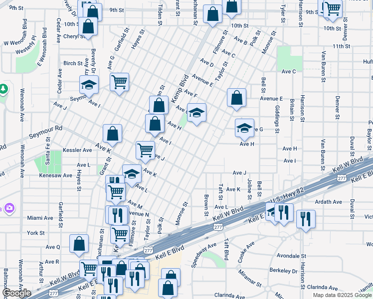 map of restaurants, bars, coffee shops, grocery stores, and more near 2306 Avenue I in Wichita Falls