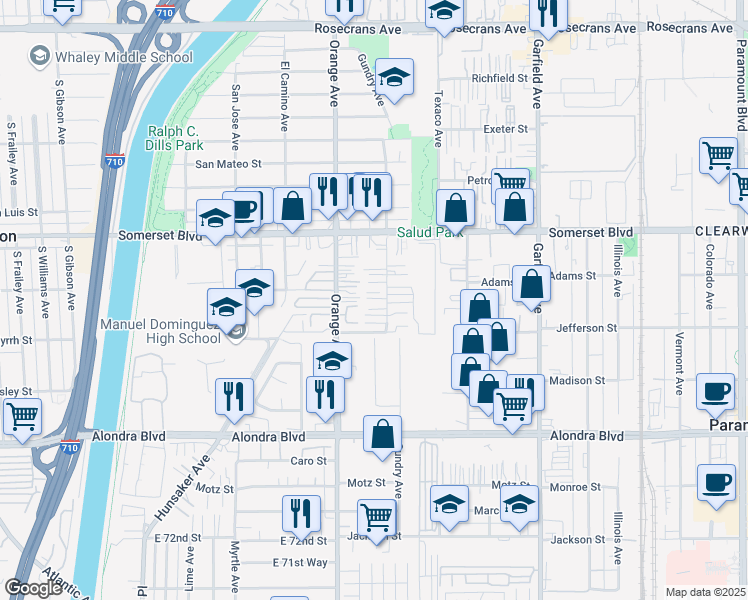 map of restaurants, bars, coffee shops, grocery stores, and more near 15329 Gundry Ave in Paramount