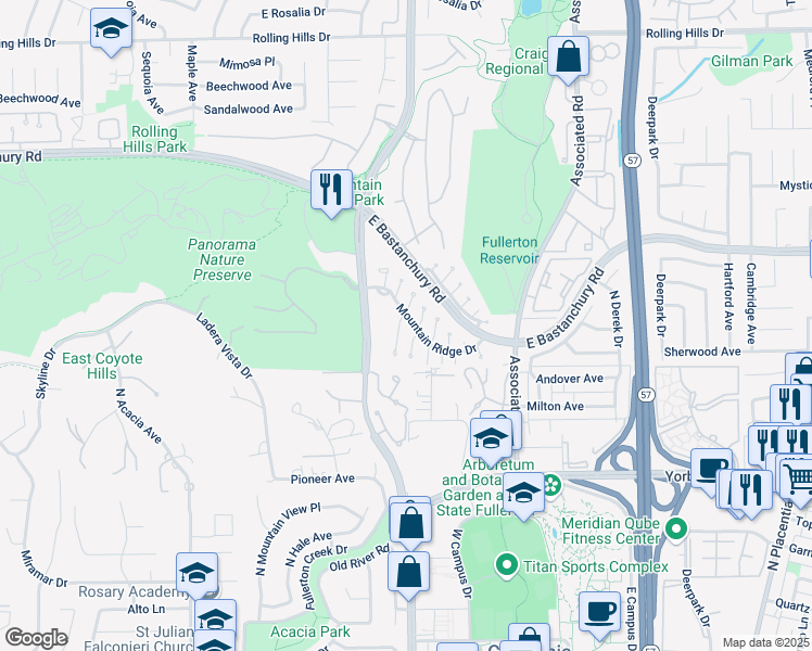 map of restaurants, bars, coffee shops, grocery stores, and more near 2206 Wildwood Court in Fullerton