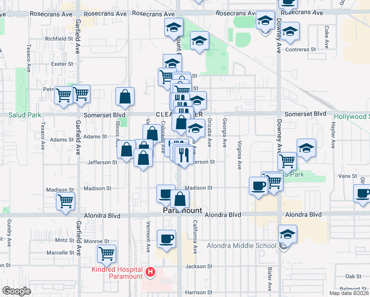 map of restaurants, bars, coffee shops, grocery stores, and more near 15328 Paramount Boulevard in Paramount