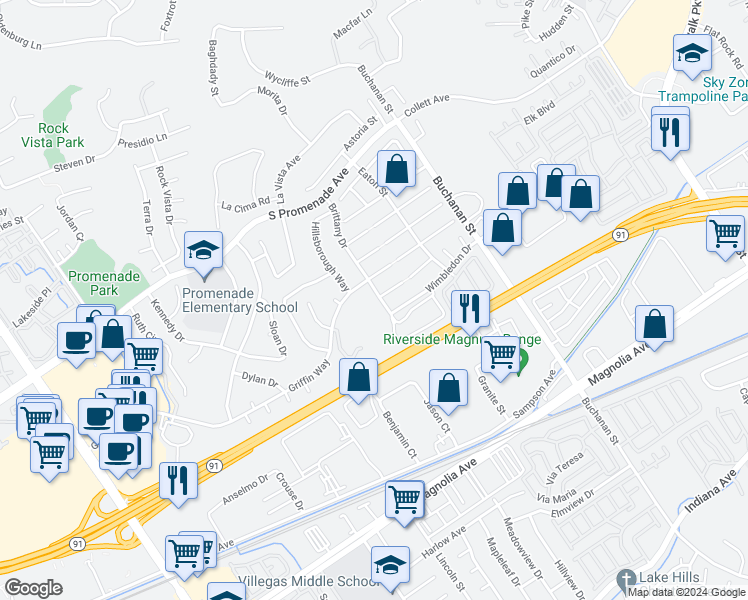 map of restaurants, bars, coffee shops, grocery stores, and more near 440 Brittany Drive in Corona
