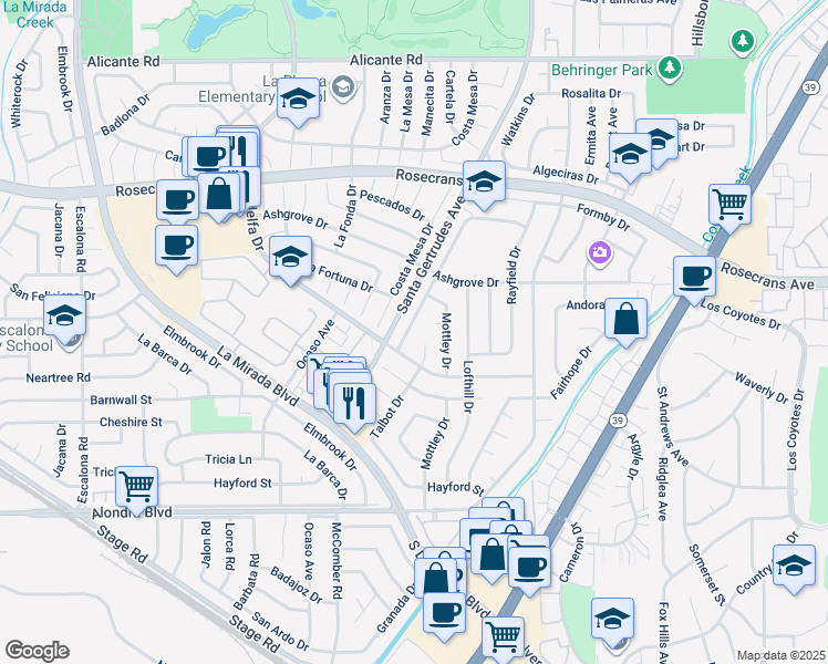 map of restaurants, bars, coffee shops, grocery stores, and more near 15044 Watkins Drive in La Mirada