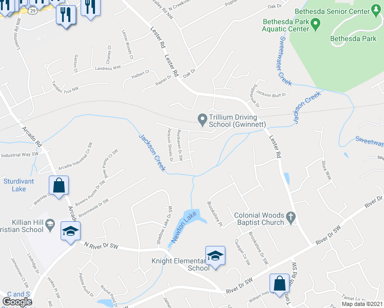 map of restaurants, bars, coffee shops, grocery stores, and more near 3834 Safehaven Court Southwest in Lawrenceville