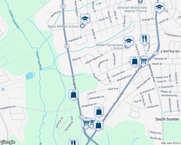 map of restaurants, bars, coffee shops, grocery stores, and more near 980 Houck Street in Sumter