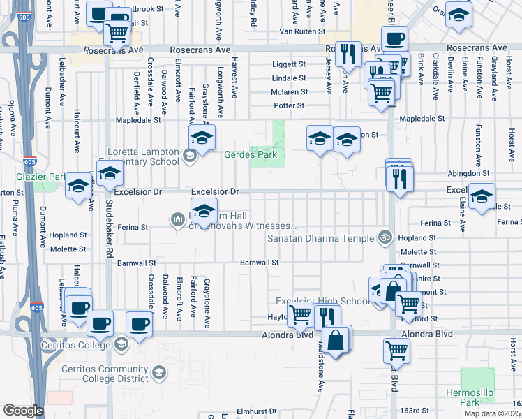 map of restaurants, bars, coffee shops, grocery stores, and more near 15029 Sylvanwood Avenue in Norwalk