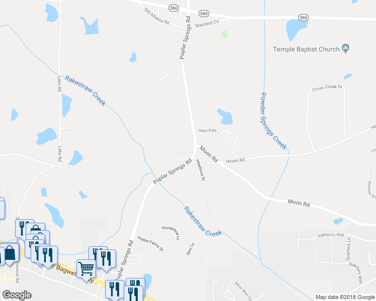 map of restaurants, bars, coffee shops, grocery stores, and more near 32 Legends Way in Hiram