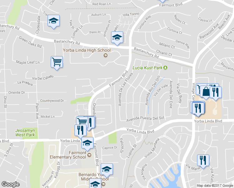 map of restaurants, bars, coffee shops, grocery stores, and more near 4577 Avenida De Las Flores in Yorba Linda