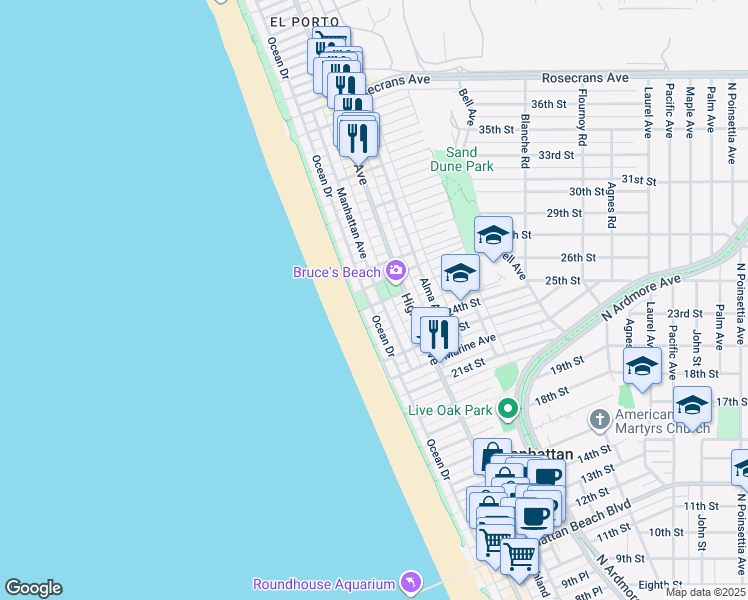 map of restaurants, bars, coffee shops, grocery stores, and more near 115 26th St in Manhattan Beach