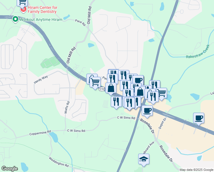 map of restaurants, bars, coffee shops, grocery stores, and more near 1430 Pace Road in Hiram