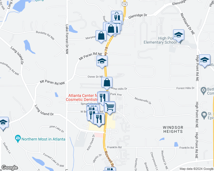 map of restaurants, bars, coffee shops, grocery stores, and more near 5095 Roswell Road in Sandy Springs