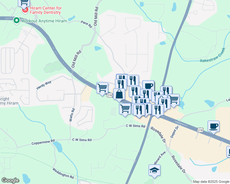 map of restaurants, bars, coffee shops, grocery stores, and more near 1430 Pace Road in Hiram