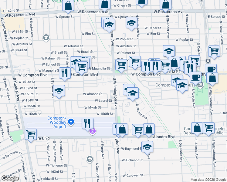 map of restaurants, bars, coffee shops, grocery stores, and more near 303 South Wilmington Avenue in Compton