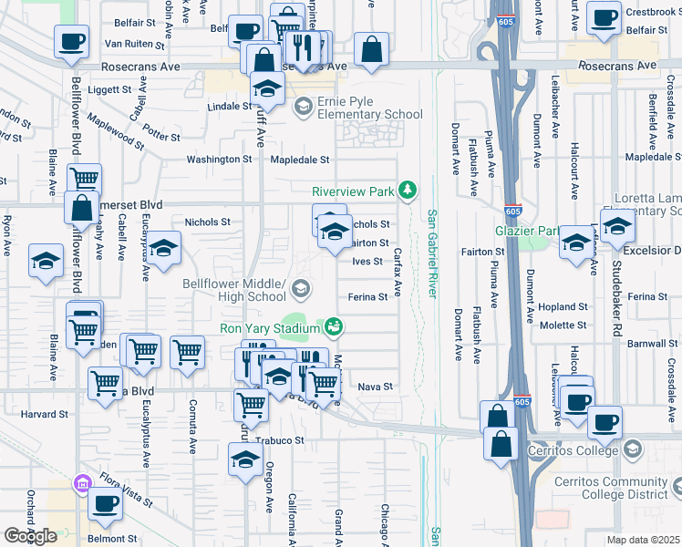 map of restaurants, bars, coffee shops, grocery stores, and more near 10403 Highdale Street in Bellflower