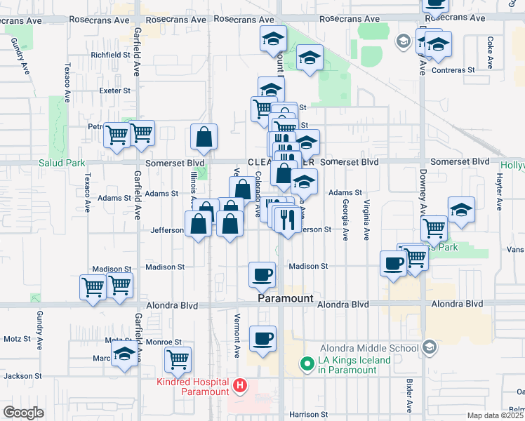 map of restaurants, bars, coffee shops, grocery stores, and more near 15326 Colorado Avenue in Paramount