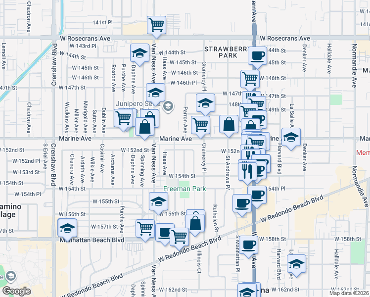 map of restaurants, bars, coffee shops, grocery stores, and more near 2027 West 152nd Street in Gardena