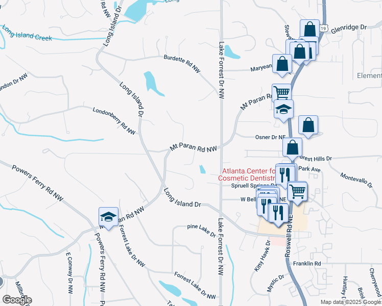 map of restaurants, bars, coffee shops, grocery stores, and more near 56 Mount Paran Road Northwest in Atlanta