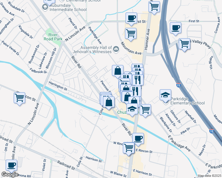 map of restaurants, bars, coffee shops, grocery stores, and more near 915 North Vicentia Avenue in Corona