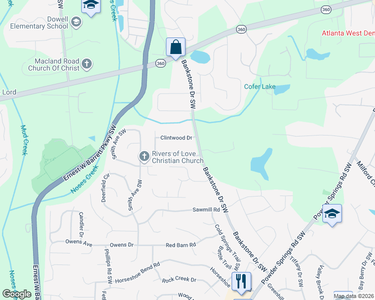 map of restaurants, bars, coffee shops, grocery stores, and more near 2404 Shiloh Drive Southwest in Marietta